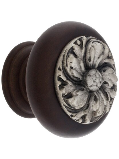 1 1/2 inch Diameter Chrysanthemum Knob in Dark Walnut/Satin Nickel.